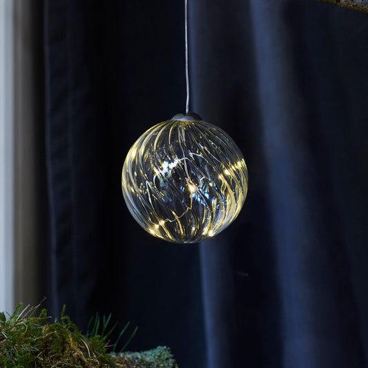 Boule de Noêl Wave Ø8 cm – Décoration lumineuse en verre soufflé transparent